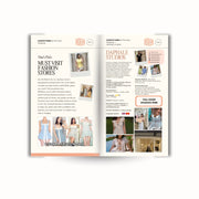 Open magazine or book with fashion-related content on a white background