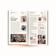 Open magazine with fashion-related content on a white background